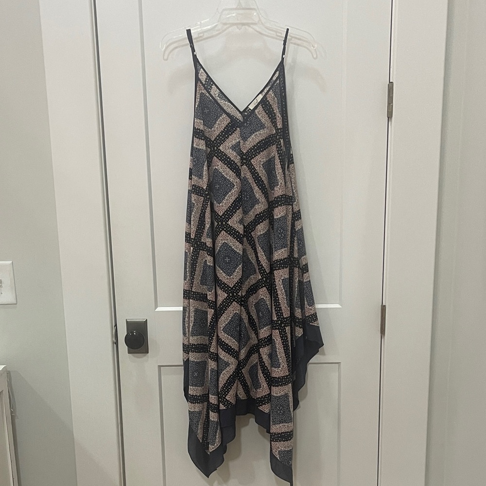 Easel Asymmetrical Dress in Blue and Pink Geometric Pattern